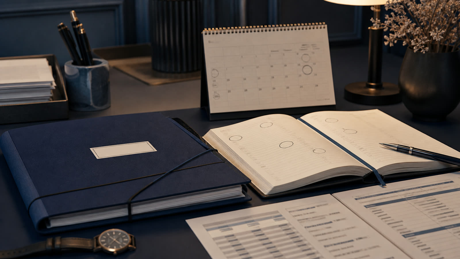 Illustration d'un agenda, d'un dossier administratif et de tableaux fictifs